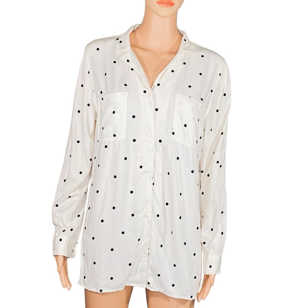 Old Navy Casual Button Down Polka Dot Blouse Black Cream Long Sleeve Womens SZ L